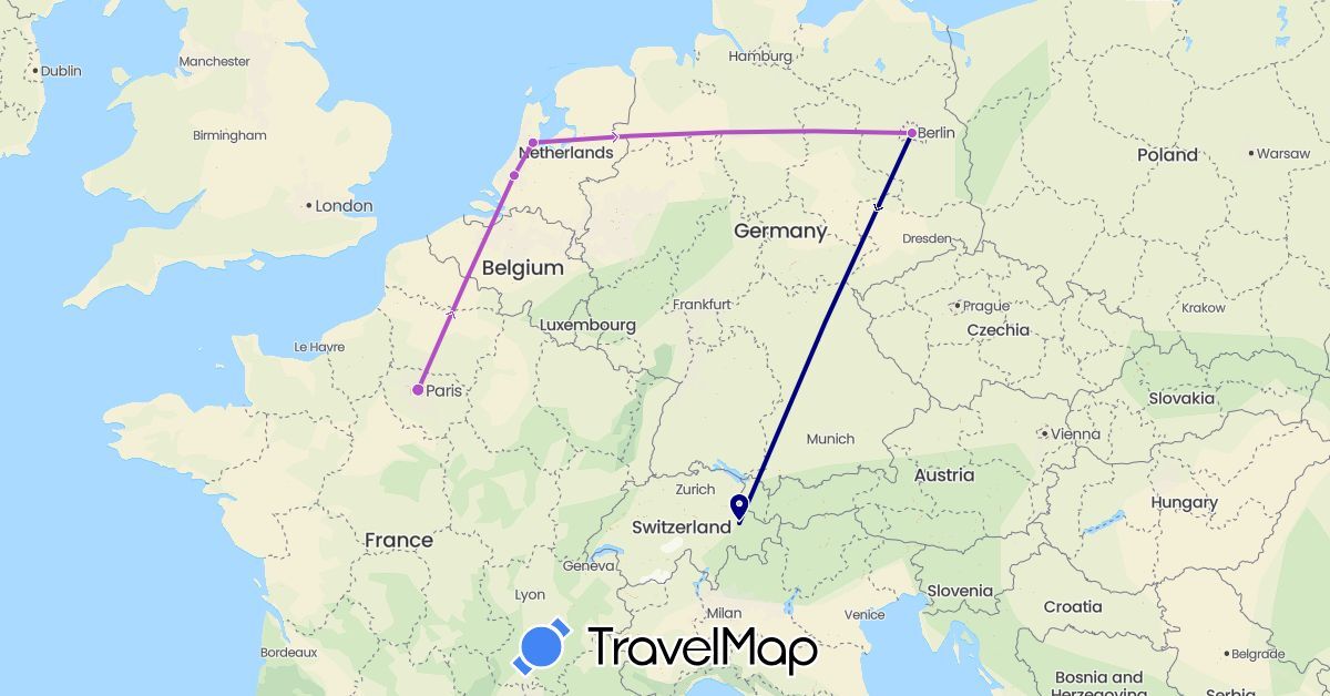 TravelMap itinerary: driving, train in Switzerland, Germany, France, Netherlands (Europe)